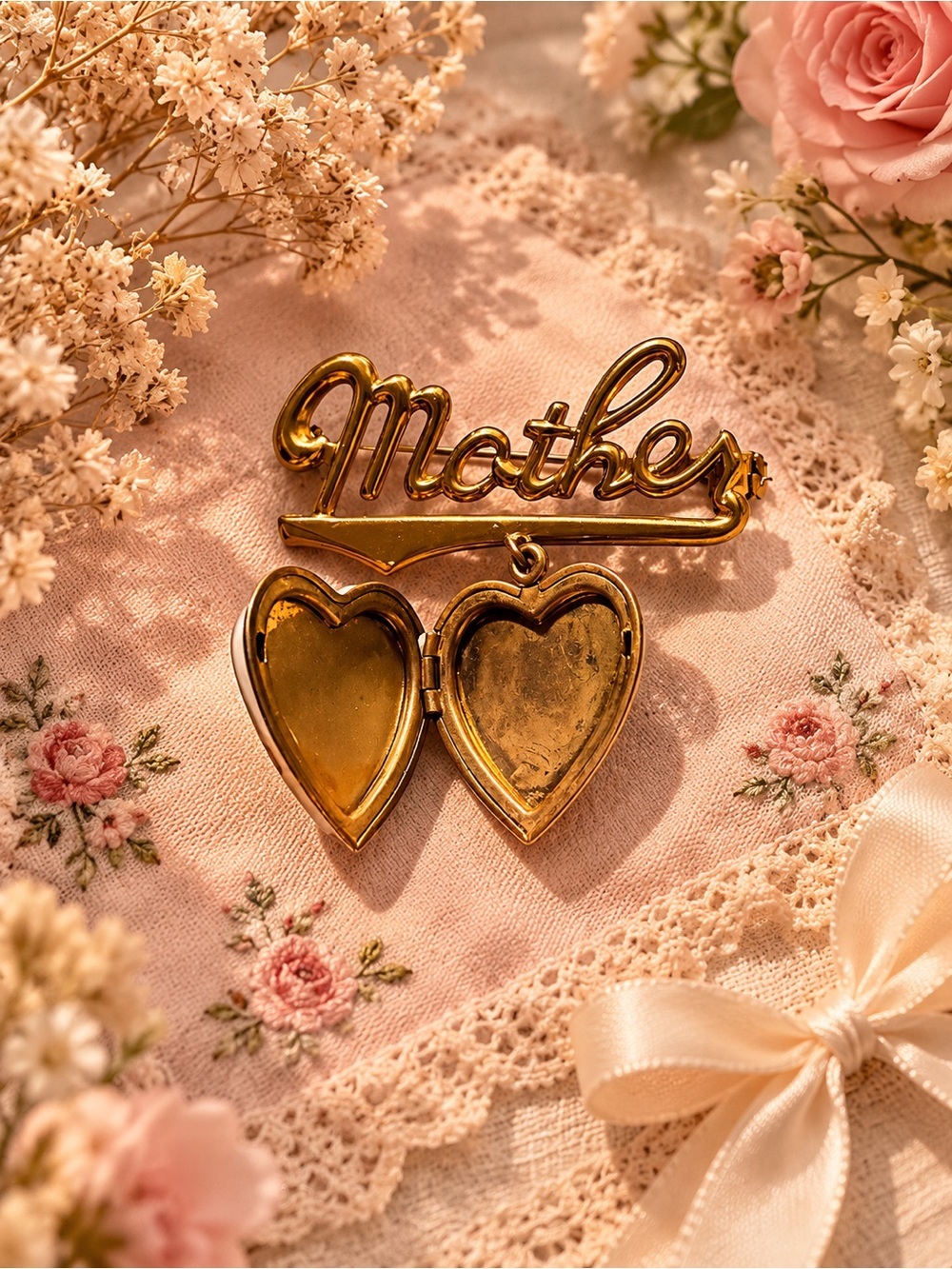 Mother Script Brooch with Heart Locket - Pink & Gold - Picture 2 of 2